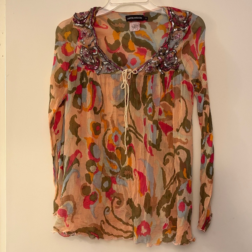 Antik Batik Women’s Silk Beaded Sheer Bohemian Y2K Lightweight Top, size L